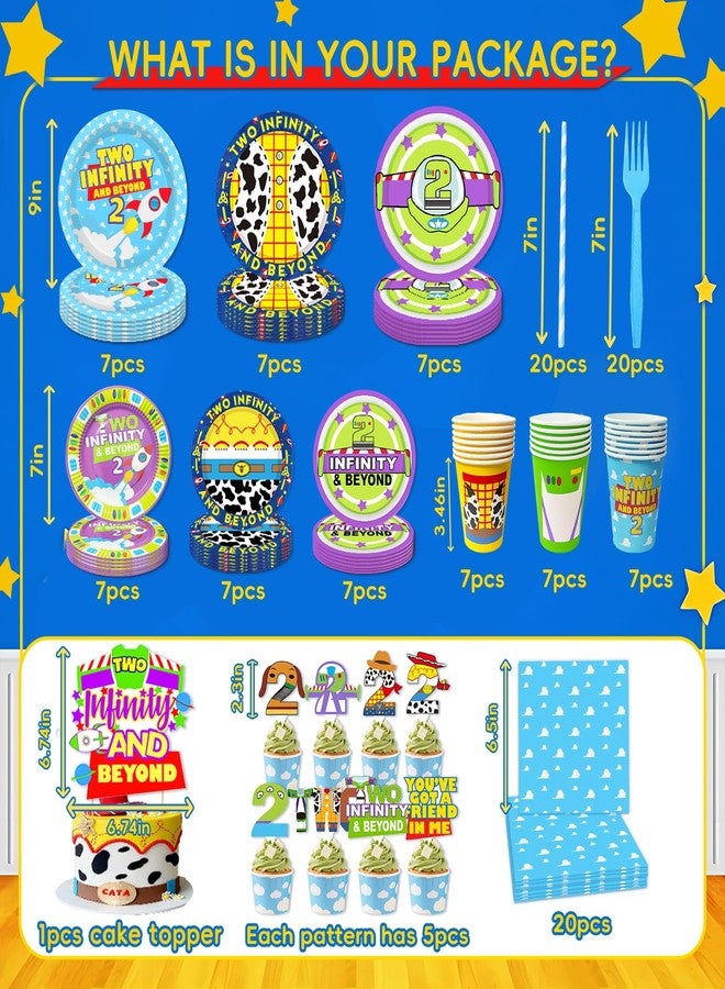 BIGKEOKI Blue Clouds Cartoon Story 2nd Birthday Decor 2 to infinity and Two Beyond Bday Decorations Party Supplies include Tableware Set Balloon Garland Boxes Highchair Banner Crown Backdrop TableCloth Plates - Image 3